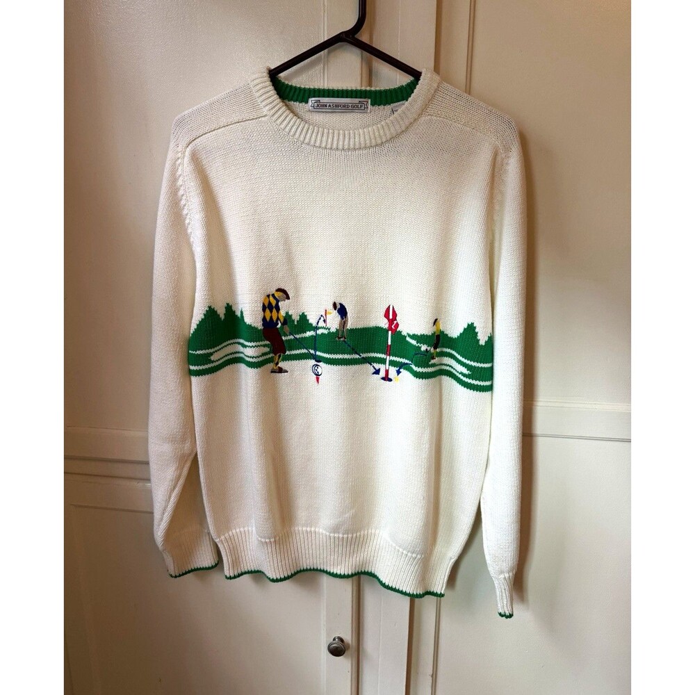 John Ashford Golf Sweater Men’s M 100% Cotton Golf Scene Cream Green